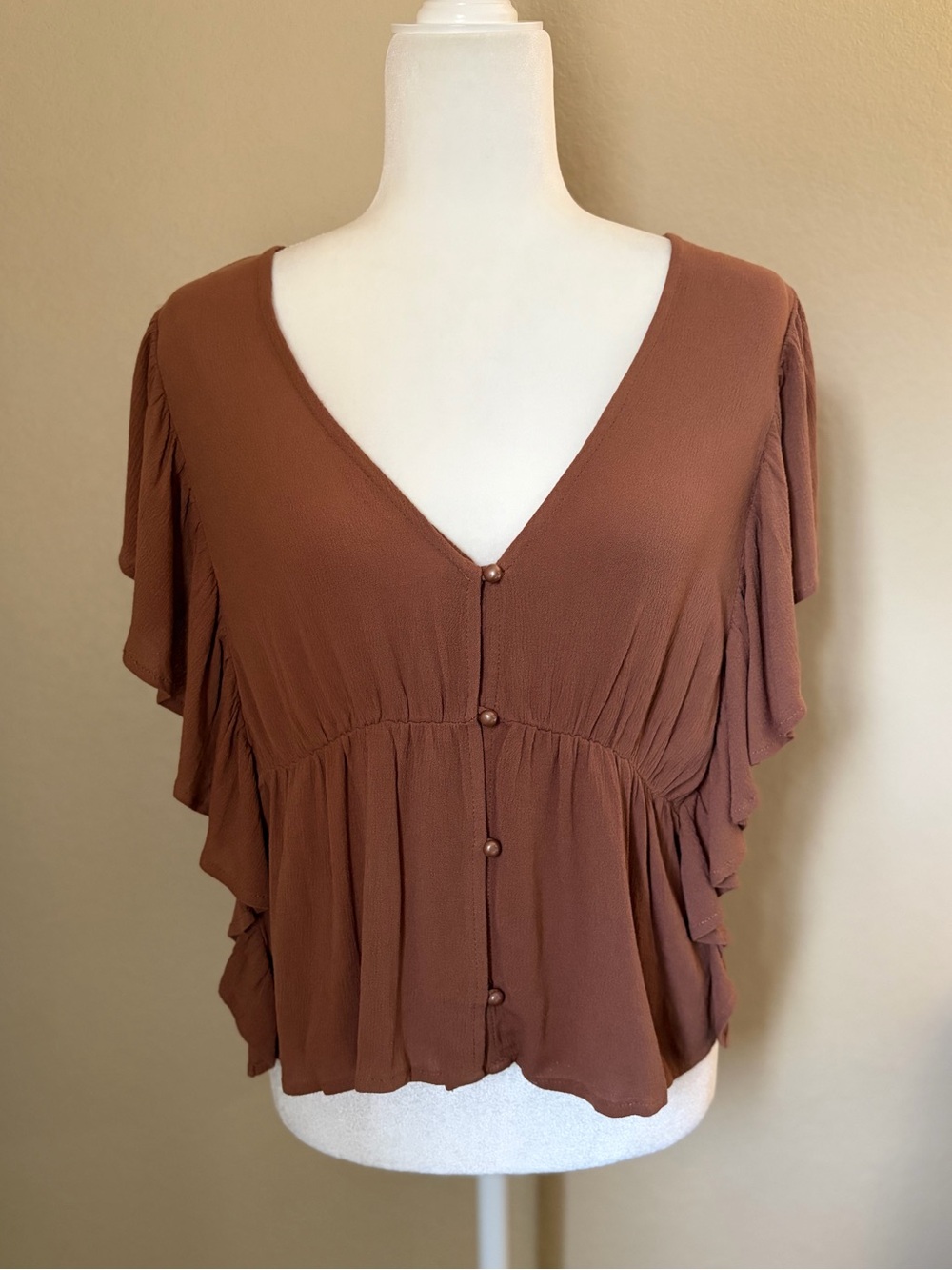 Altar’d State Brown Boho Flutter Sleeve Babydoll Peplum Blouse Top L
